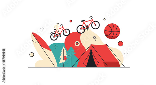 Vibrant outdoor pursuits scene with cycling and camping activities depicted