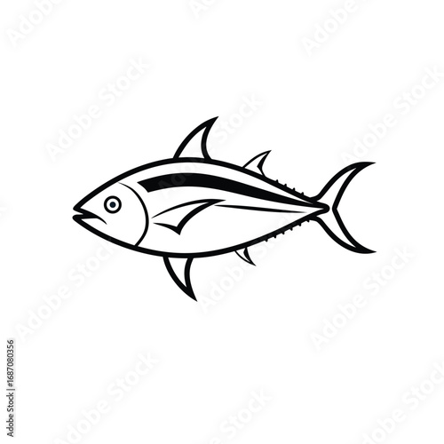 Minimalist Line Art of Streamlined Fish – Black and White Marine Illustration with Bold Fins and Tail