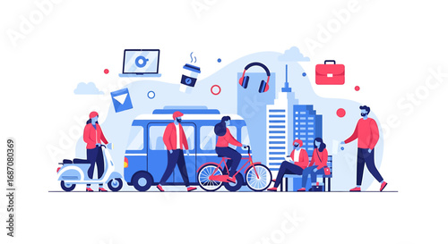 Modern city lifestyle illustration with people commuting and enjoying activities