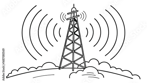 Cartoon drawing of a communication tower emitting radio waves.