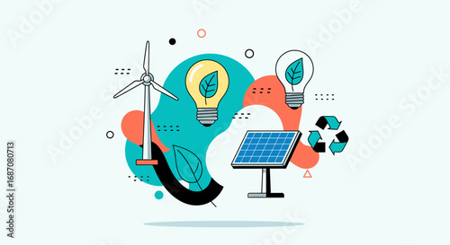 Stylized graphic displaying renewable energy sources and environmental icons