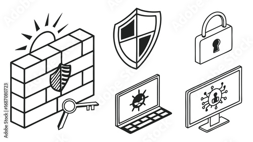 Cybersecurity Elements - Firewall, Shield, Lock, and Infected Devices.