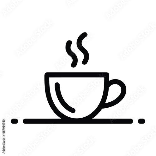 Simple line art icon of a steaming coffee cup on a horizontal line