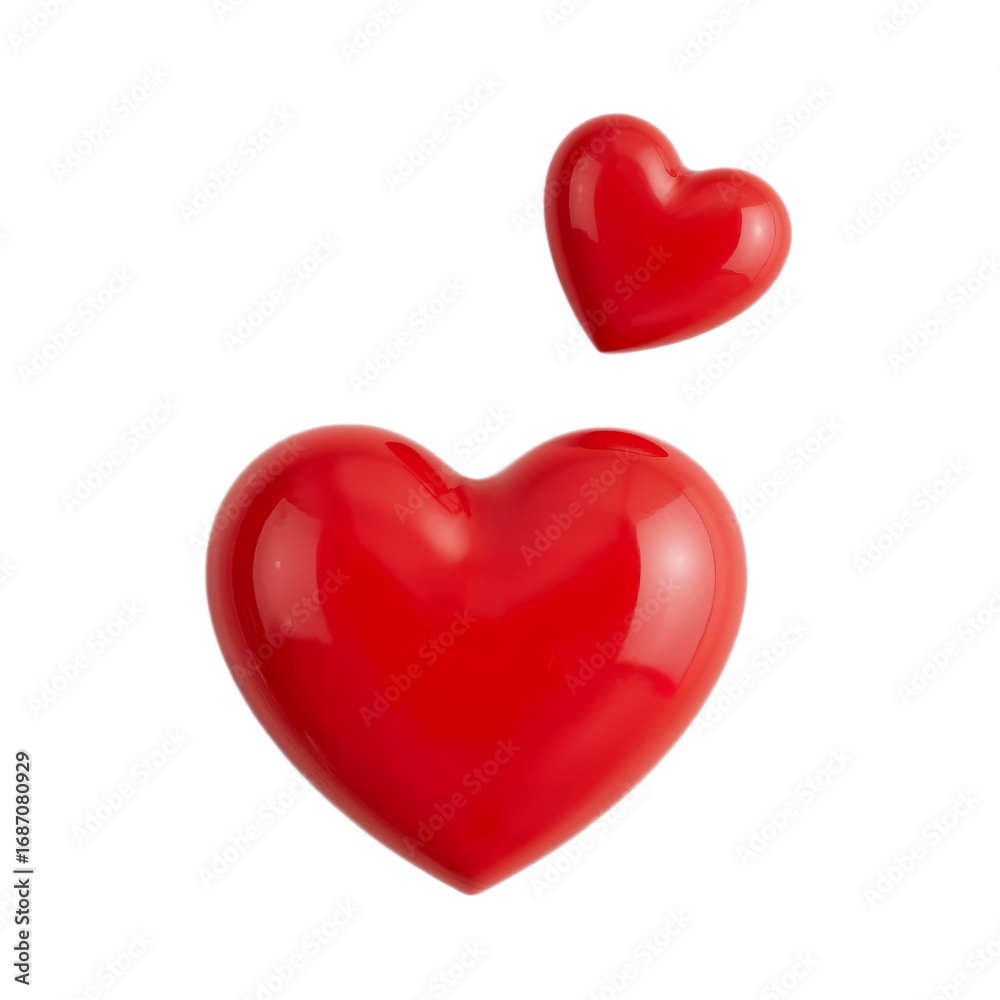Fototapeta premium Two vibrant red three-dimensional hearts, one large and one small, isolated on a white background symbolizing the concept of love