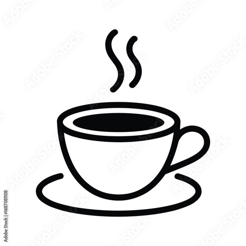 Simple line art illustration of a steaming cup of coffee on a saucer