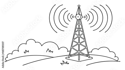 Radio tower transmitting signals representing communication and technology.