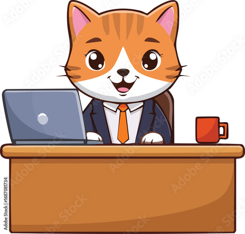 A funny cartoon cat wearing a business suit and tie works on a laptop at an office desk. A professional animal character or mascot for business concepts. Generative AI