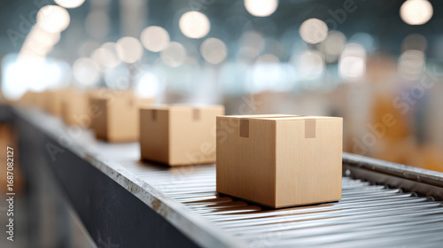 a conveyor belt with cardboard boxes in a busy warehouse.