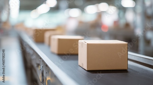 Conveyor belt in a factory carrying boxes through an automated packaging line.