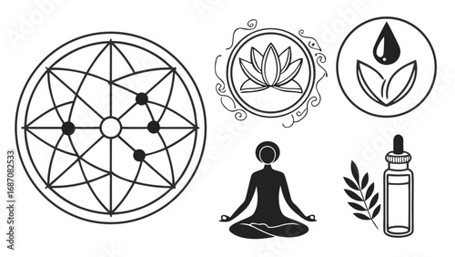 Collection of spiritual and wellness symbols including a mandala yoga pose and essential oil bottle.