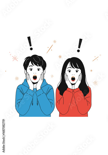 Two young people expressing surprise with exclamation marks above their heads