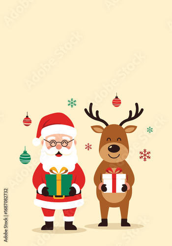 Cute santa claus and reindeer holding presents together celebrating christmas season joyfully