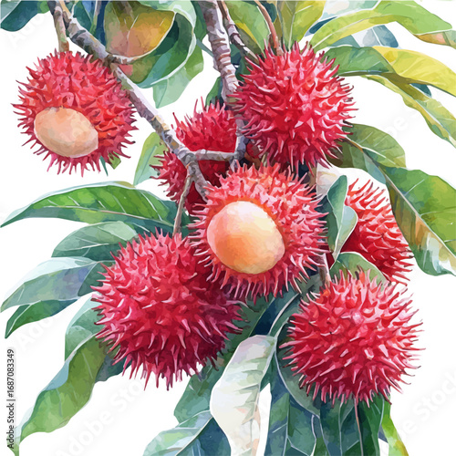 Rambutan, watercolor painting vector, isolated on a white background.