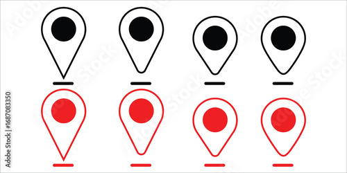 Location pin vector icon set, black and red map marker design, GPS navigation pointer symbol, geolocation sign, travel and direction element, modern place indicator isolated illustration