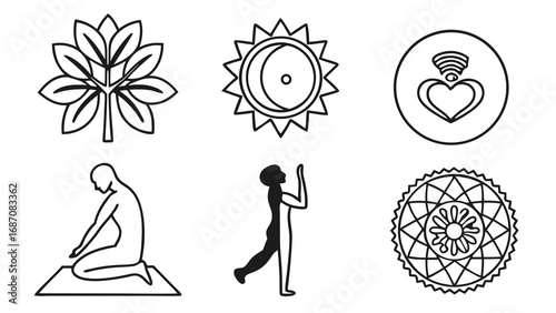 Spiritual symbols and yoga poses representing mindfulness and well being.