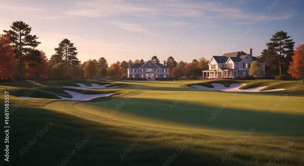 Fototapeta premium Autumnal Golf Course with Elegant Homes at Sunset