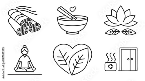 Collection of Wellness and Spa Line Icons for Relaxation and Self-Care.