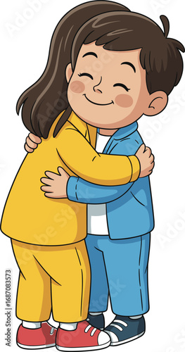 Cartoon boy and girl hugging each other with happy smiling faces, friendship, love, affection, emotional bonding, childhood happiness illustration.