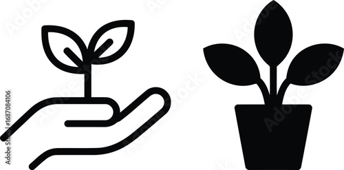 Two Icon Designs of Sprouting Plant Held in a Hand and Potted Plant Offering Greenery and Environmental Stewardship