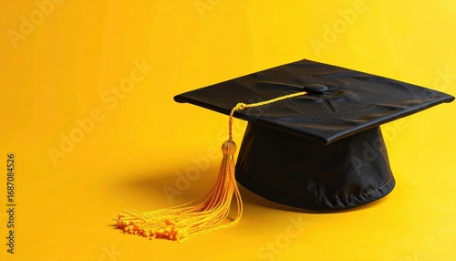 Wallpaper Mural ** Black graduation cap with yellow tassel on a bright yellow background, representing education and success. ** Torontodigital.ca