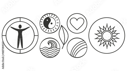 Wellness symbols - balance, health, nature, sun.
