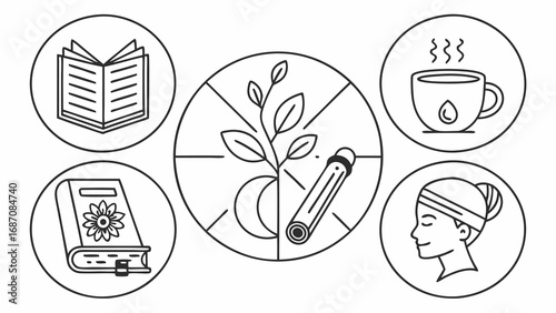 Mindfulness and Wellness Icons with Books, Tea, and Nature Elements.