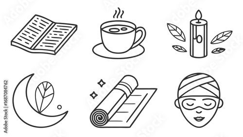 Relaxation and Wellness Icons - Book, Tea, Candle, Moon, Yoga Mat, and Spa Mask.