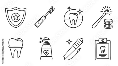 Dental hygiene and oral health care icons for teeth cleaning.