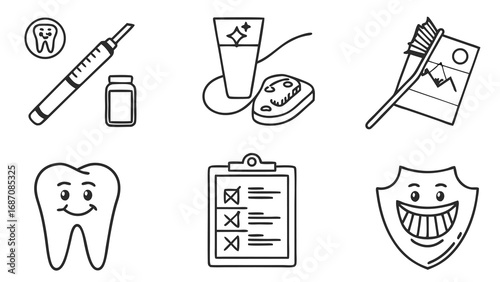 Dental Care and Oral Hygiene Tools Line Art Set.