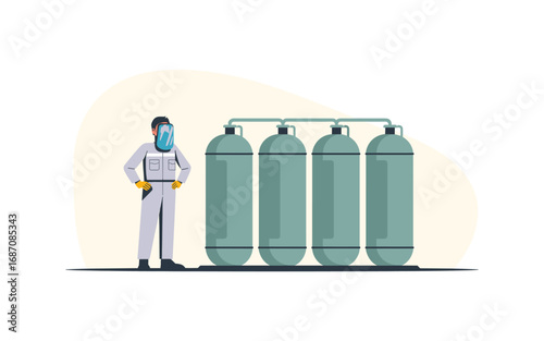 Vector Illustration: Chemical Plant Worker in Protective Gear Standing Next to a Row of Large Storage Tanks, Depicting Safety and Industrial Operations
