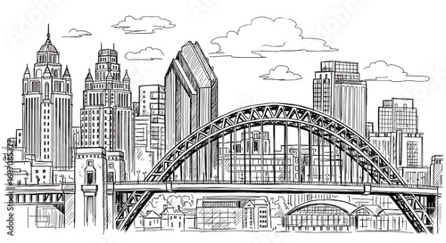Sketch of Philadelphia's Benjamin Franklin Bridge connecting Pennsylvania and New Jersey. A detailed hand-drawn vector art of the US landmark.