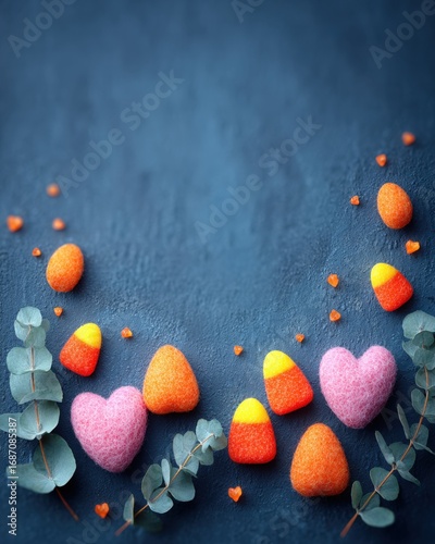 Felt Candy Corn, Hearts, Eucalyptus - Dark Teal Background, High-Angle Shot