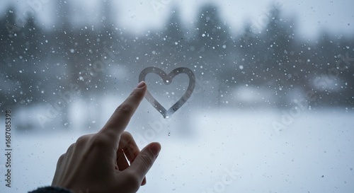 A finger traces a heart on a snowy window blurring the wintery scene outside