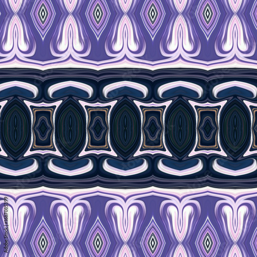 Bold purple geometric pattern with mirrored diamonds and ovals, creating a decorative abstract art background. Golden keywords: geometric, abstract, pattern, bold, decorative
