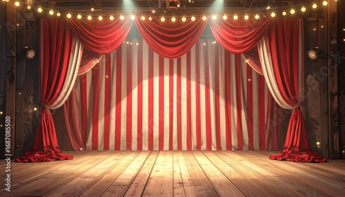** Empty vintage circus stage with red curtains and striped backdrop, illuminated by dramatic lighting in an old theater. **