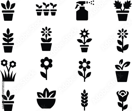 Collection of Black and White Garden Icons Featuring Flowers Plants Spray Bottle and Wheat for Horticulture and Agriculture Needs