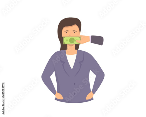 A businesswoman is silenced with hush money, a powerful metaphor for censorship, bribery, and corporate corruption