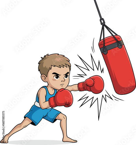 Young boy practicing boxing with punching bag, cartoon sports illustration showing training, strength, fitness, determination, exercise, martial arts and discipline.
