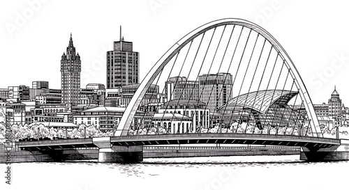Sydney skyline sketch featuring the Harbour Bridge and Opera House. A detailed hand-drawn black and white illustration of the Australian icon.