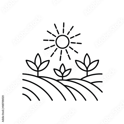 Minimalist Line Art of Sunlit Crop Field – Black and White Agricultural Illustration with Young Plants and Furrows