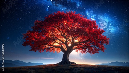 Illuminated red tree at night