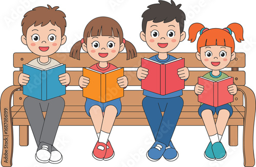 Happy children sitting on wooden bench reading colorful books together, educational kids learning activity illustration for school library and study.
