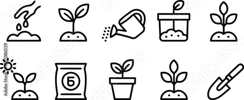 Black and White Garden Icons Depicting Growth Hand Seeds Watering Can Plant Fertilizer and Gardening Tools Perfect for Websites Presentations