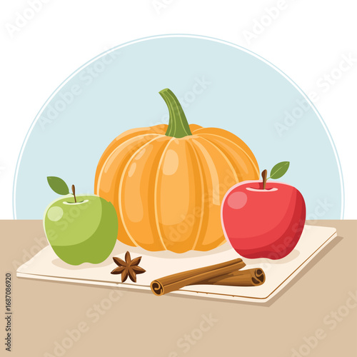 An autumn still life with a pumpkin, red and green apples, and cinnamon sticks. A warm vector illustration for fall harvest, Thanksgiving, and seasonal decor. Generative AI
