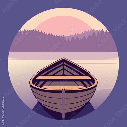 Wooden rowboat on calm water with forest and sunset