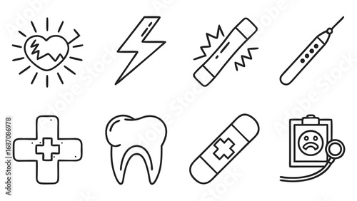 Medical Icons - Heart, Lightning, Pill, Thermometer, Cross, Tooth, Bandage, Clipboard.