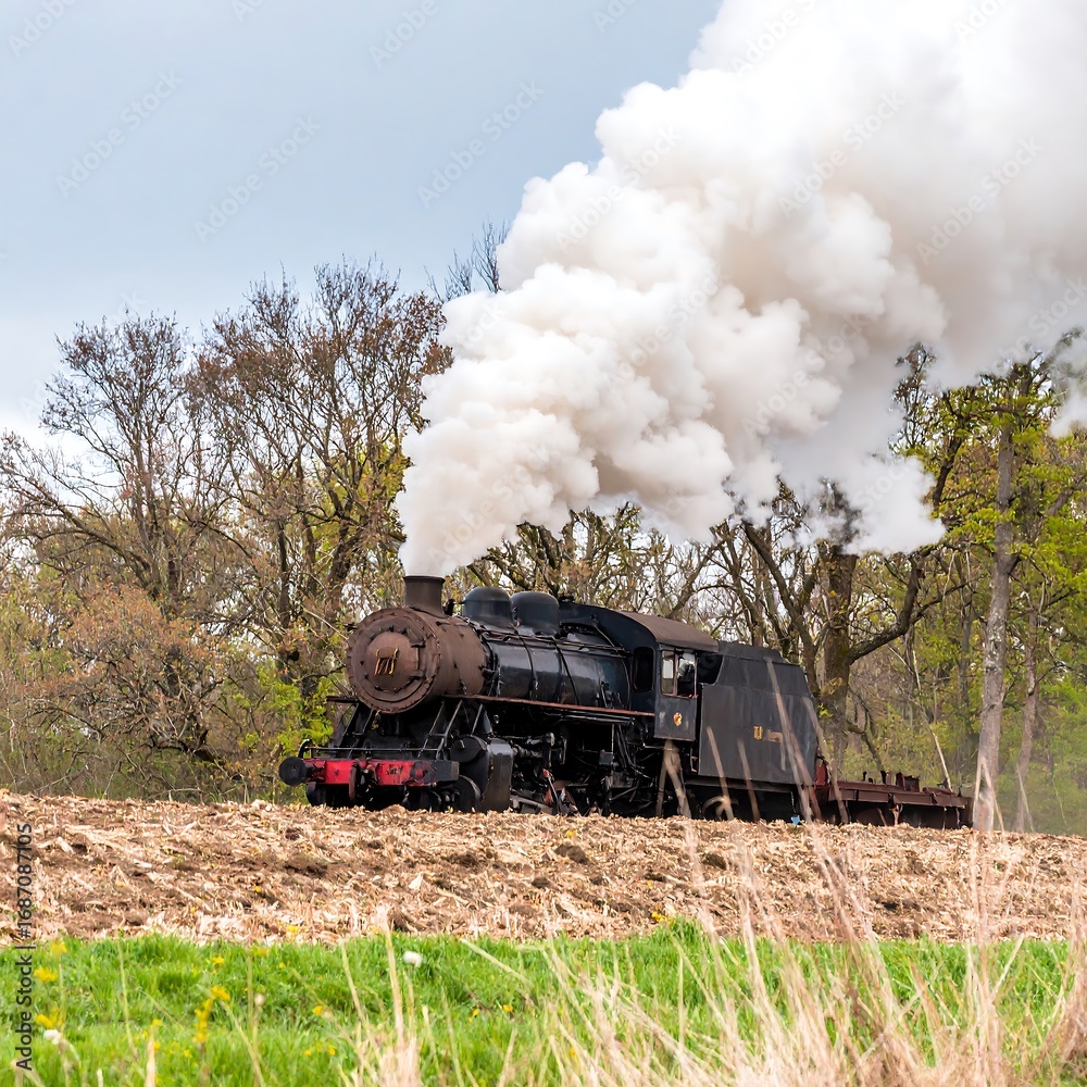 Obraz premium Vintage steam locomotive chugging through countryside