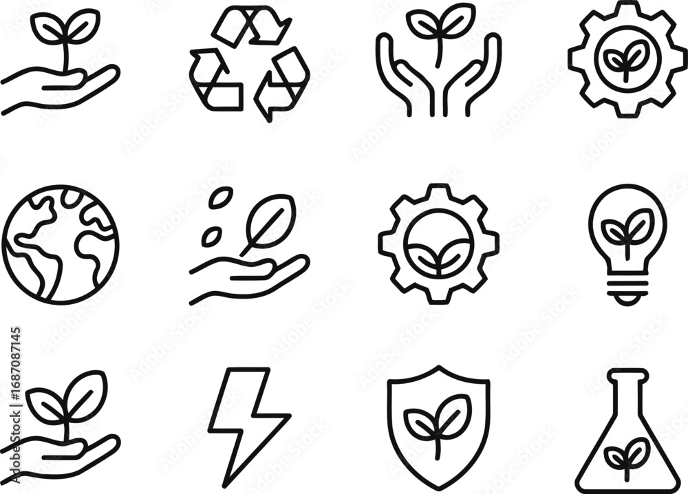 Fototapeta premium Collection of Environmental and Sustainability Icons Representing Ecology Conservation Renewable Energy and Scientific Solutions for a Greener Future and Sustainable Practices
