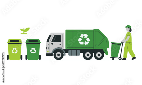 Illustration of green recycling truck, bins, and worker with leaf icon, symbolizing environmental sustainability and waste management