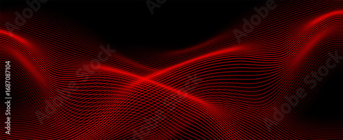 Abstract red wave lines on black background with flowing, futuristic motion effect, perfect for tech, music, or digital backgrounds. vector Illustration